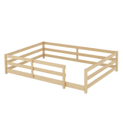 Bellemave® Twin Size Floor Bed with Rails, Wood Montessori Floor Beds with Fence and Openings, Natural - Bellemave