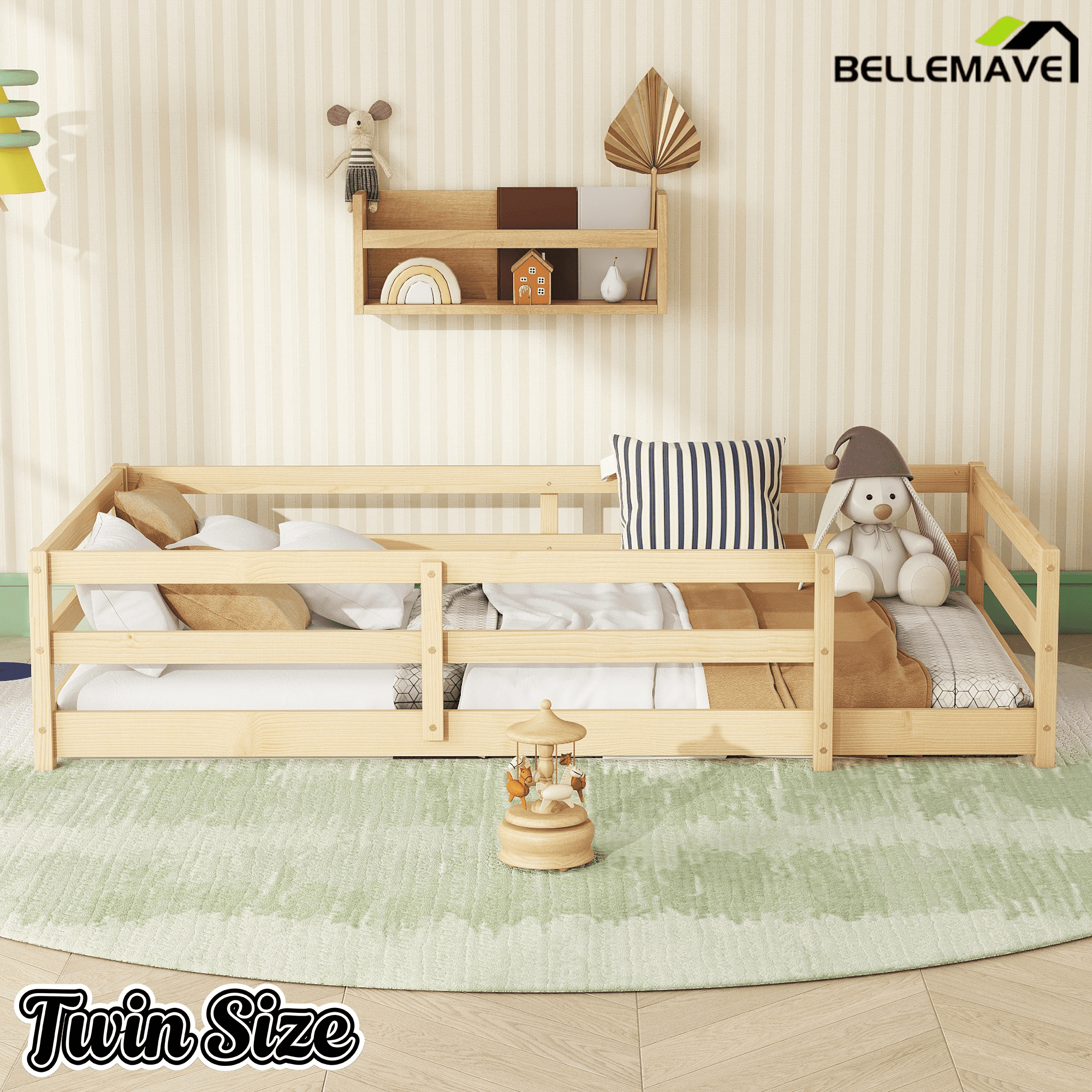 Bellemave® Twin Size Floor Bed with Rails, Wood Montessori Floor Beds with Fence and Openings, Natural - Bellemave