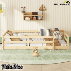 Bellemave® Twin Size Floor Bed with Rails, Wood Montessori Floor Beds with Fence and Openings, Natural - Bellemave