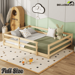 Bellemave® Twin Size Floor Bed with Rails, Wood Montessori Floor Beds with Fence and Openings, Natural - Bellemave