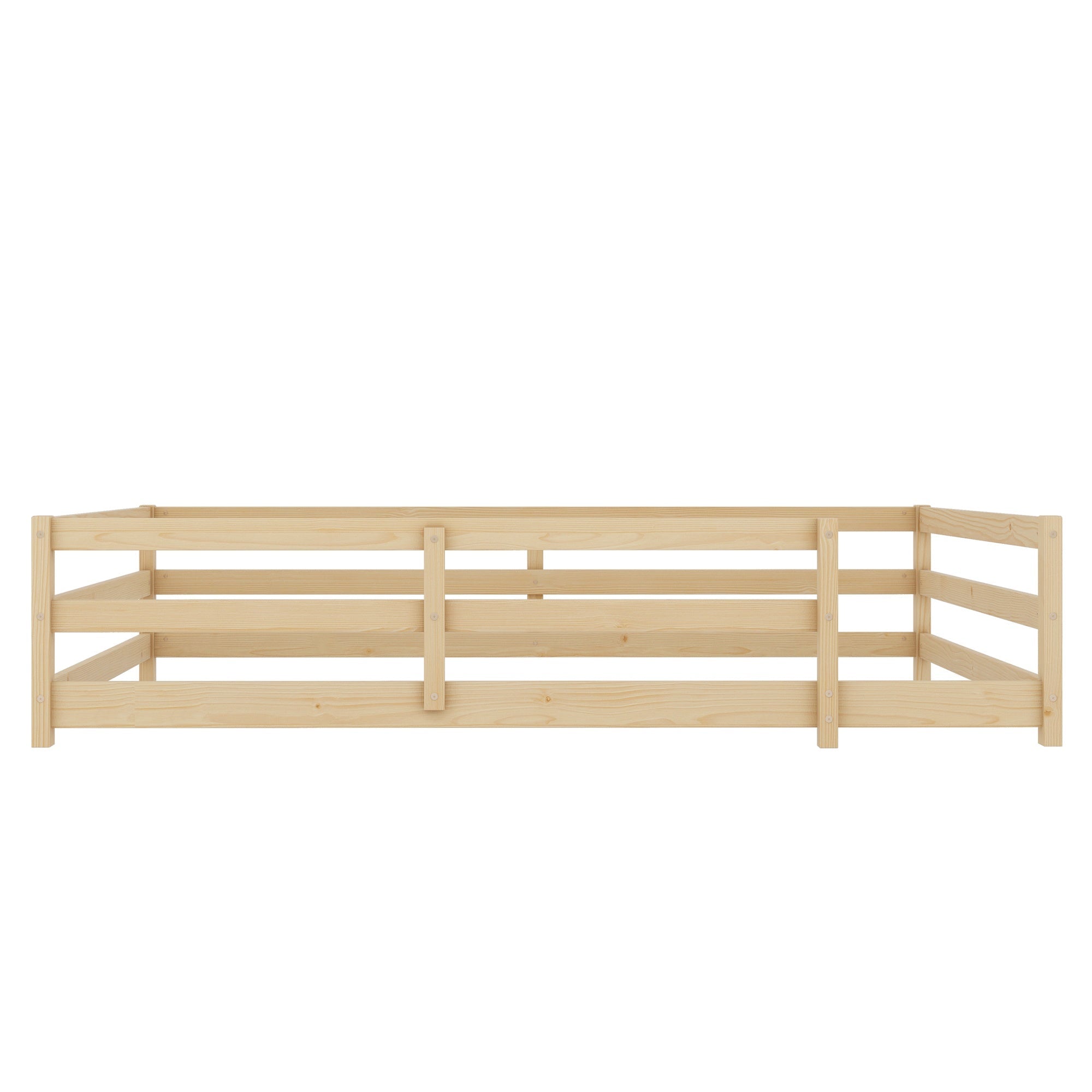 Bellemave® Twin Size Floor Bed with Rails, Wood Montessori Floor Beds with Fence and Openings, Natural - Bellemave
