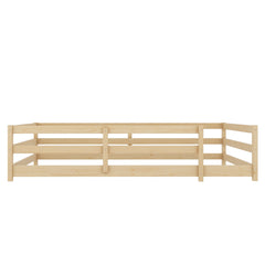 Bellemave® Twin Size Floor Bed with Rails, Wood Montessori Floor Beds with Fence and Openings, Natural - Bellemave