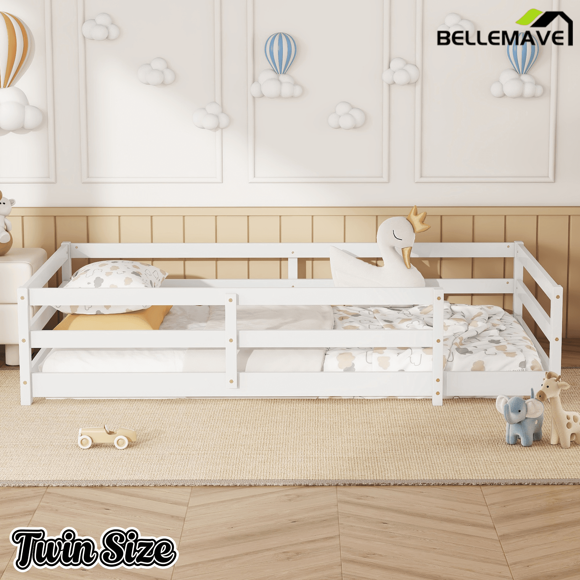 Bellemave® Twin Size Floor Bed with Rails, Wood Montessori Floor Beds with Fence and Openings, Natural - Bellemave