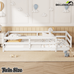 Bellemave® Twin Size Floor Bed with Rails, Wood Montessori Floor Beds with Fence and Openings, Natural - Bellemave
