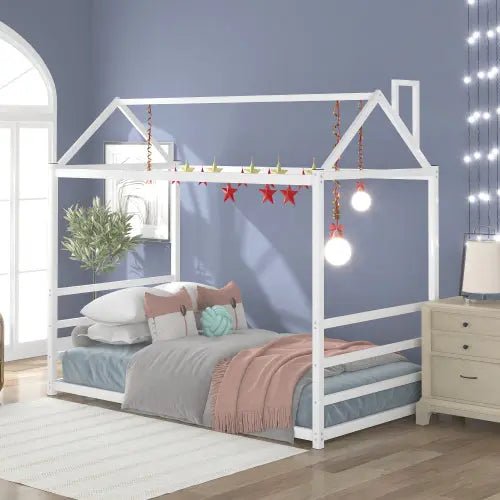 Bellemave® Twin Size Floor House Bed with Roof and Chimney Design - Bellemave
