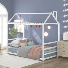 Bellemave® Twin Size Floor House Bed with Roof and Chimney Design - Bellemave