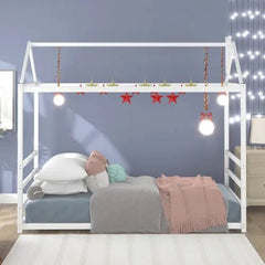 Bellemave® Twin Size Floor House Bed with Roof and Chimney Design - Bellemave
