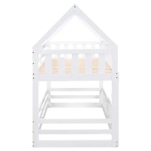 Bellemave® Twin Size Floor House Bunk Bed with Fence and Door - Bellemave