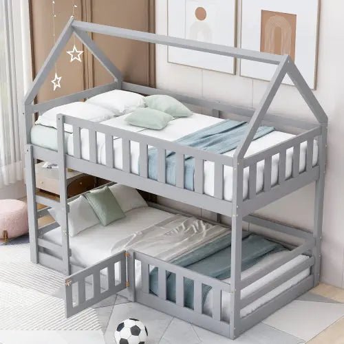 Bellemave® Twin Size Floor House Bunk Bed with Fence and Door - Bellemave