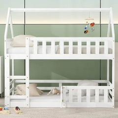 Bellemave® Twin Size Floor House Bunk Bed with Fence and Door - Bellemave