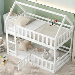 Bellemave® Twin Size Floor House Bunk Bed with Fence and Door - Bellemave
