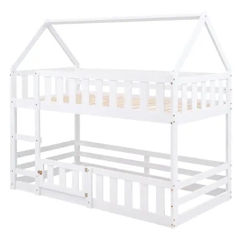 Bellemave® Twin Size Floor House Bunk Bed with Fence and Door - Bellemave