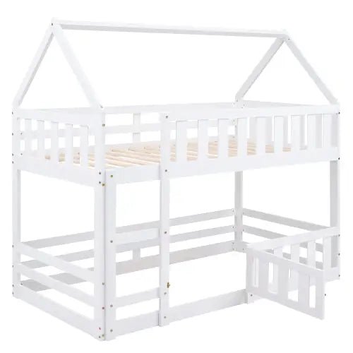 Bellemave® Twin Size Floor House Bunk Bed with Fence and Door - Bellemave