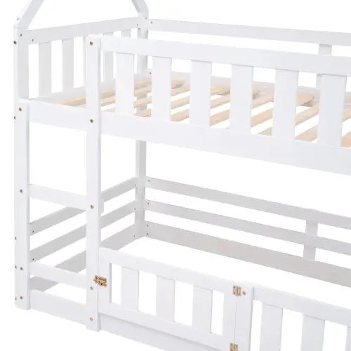 Bellemave® Twin Size Floor House Bunk Bed with Fence and Door - Bellemave