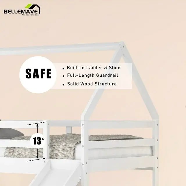 Bellemave® Twin Size Floor House Bunk Bed with Slide and Ladder - Bellemave
