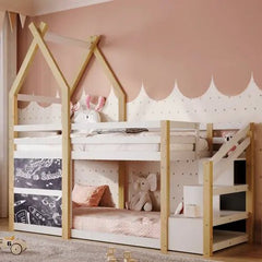 Bellemave® Twin Size Floor House Bunk Bed with Storage Staircase and 2 Blackboards - Bellemave