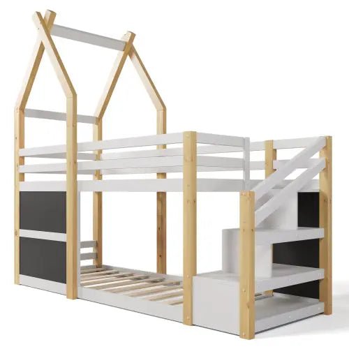 Bellemave® Twin Size Floor House Bunk Bed with Storage Staircase and 2 Blackboards - Bellemave