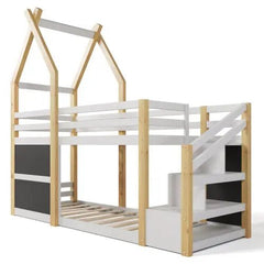 Bellemave® Twin Size Floor House Bunk Bed with Storage Staircase and 2 Blackboards - Bellemave