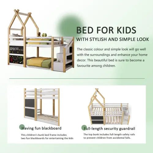 Bellemave® Twin Size Floor House Bunk Bed with Storage Staircase and 2 Blackboards - Bellemave