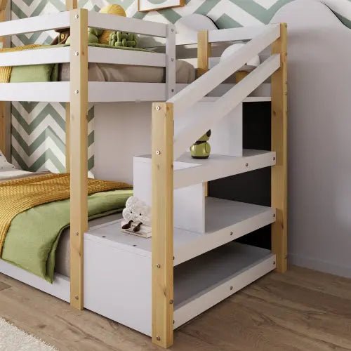 Bellemave® Twin Size Floor House Bunk Bed with Storage Staircase and 2 Blackboards - Bellemave