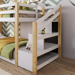 Bellemave® Twin Size Floor House Bunk Bed with Storage Staircase and 2 Blackboards - Bellemave