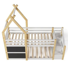 Bellemave® Twin Size Floor House Bunk Bed with Storage Staircase and 2 Blackboards - Bellemave