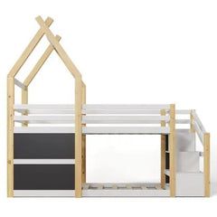 Bellemave® Twin Size Floor House Bunk Bed with Storage Staircase and 2 Blackboards - Bellemave