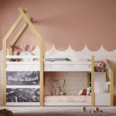 Bellemave® Twin Size Floor House Bunk Bed with Storage Staircase and 2 Blackboards - Bellemave