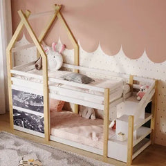 Bellemave® Twin Size Floor House Bunk Bed with Storage Staircase and 2 Blackboards - Bellemave