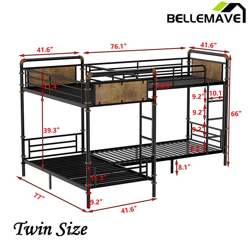 Bellemave® Twin Size Heavy Duty Metal Bunk Bed, Quad Bunk Bed for 4 Kids(Can Be Divided Into 3 Twin Beds) - Bellemave