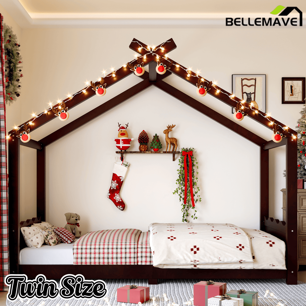 Bellemave® Twin Size House Bed Frame for Kids,Solid Wood Montessori Floor Bed Frame with Support Slats and Roof,Natural - Bellemave