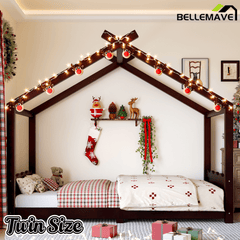 Bellemave® Twin Size House Bed Frame for Kids,Solid Wood Montessori Floor Bed Frame with Support Slats and Roof,Natural - Bellemave