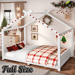 Bellemave® Twin Size House Bed Frame for Kids,Solid Wood Montessori Floor Bed Frame with Support Slats and Roof,Natural - Bellemave