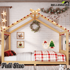 Bellemave® Twin Size House Bed Frame for Kids,Solid Wood Montessori Floor Bed Frame with Support Slats and Roof,Natural - Bellemave