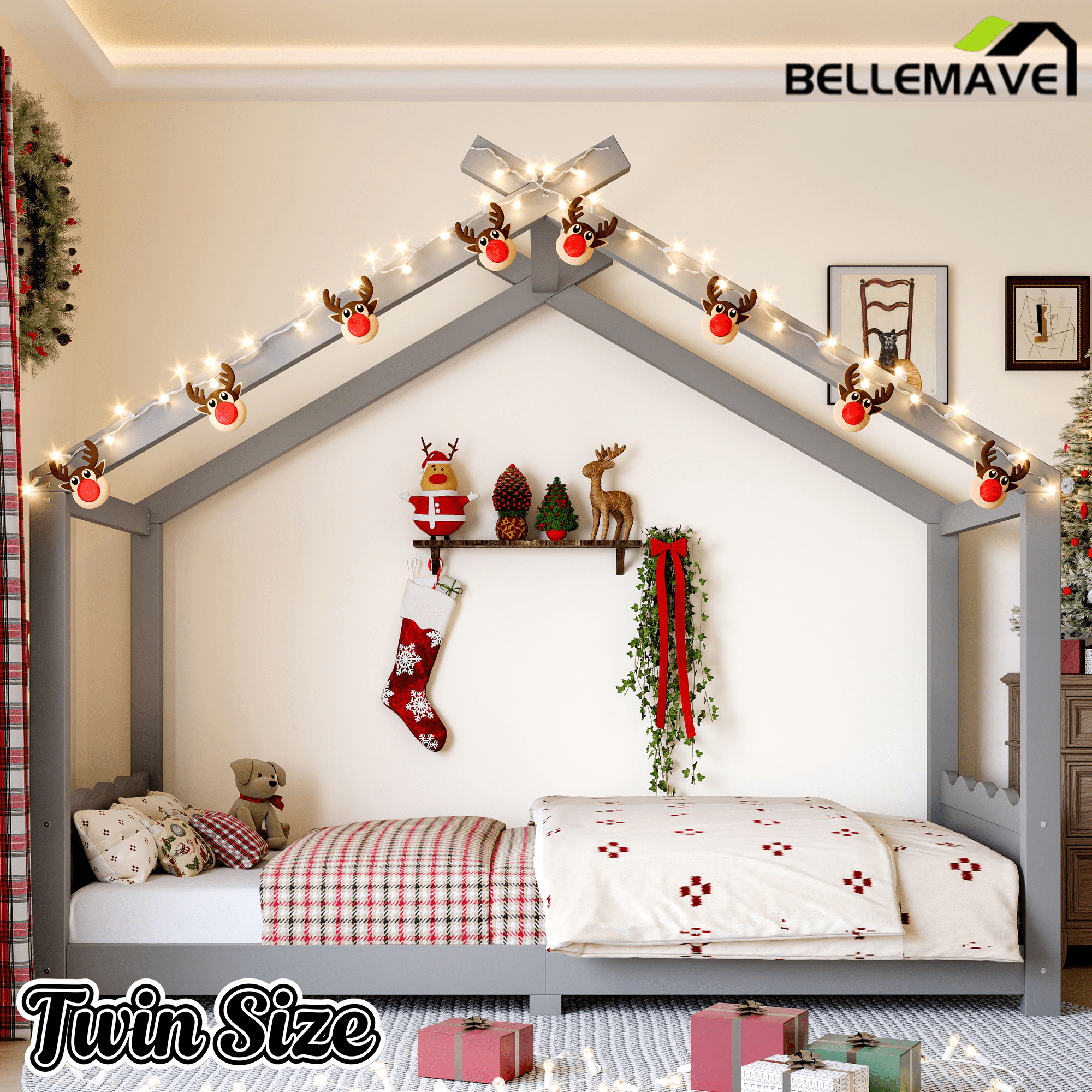 Bellemave® Twin Size House Bed Frame for Kids,Solid Wood Montessori Floor Bed Frame with Support Slats and Roof,Natural - Bellemave