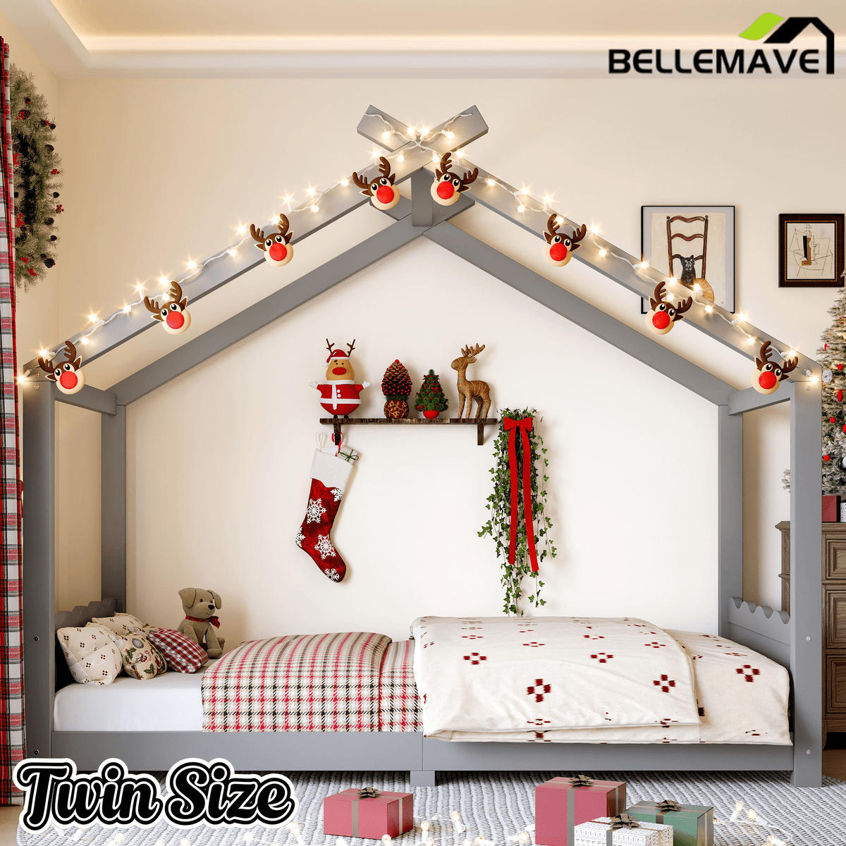 Bellemave® Twin Size House Bed Frame for Kids,Solid Wood Montessori Floor Bed Frame with Support Slats and Roof,Natural - Bellemave