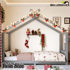 Bellemave® Twin Size House Bed Frame for Kids,Solid Wood Montessori Floor Bed Frame with Support Slats and Roof,Natural - Bellemave