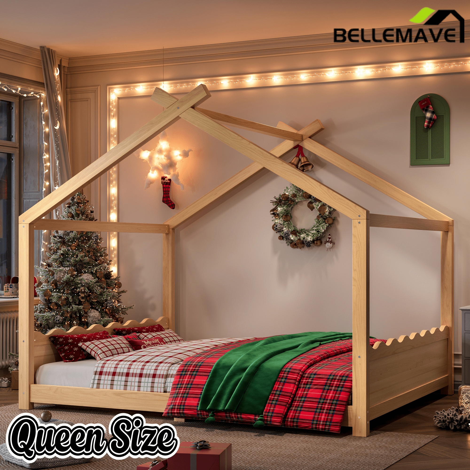 Bellemave® Twin Size House Bed Frame for Kids,Solid Wood Montessori Floor Bed Frame with Support Slats and Roof,Natural - Bellemave