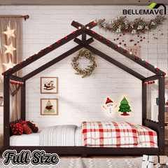 Bellemave® Twin Size House Bed Frame for Kids,Solid Wood Montessori Floor Bed Frame with Support Slats and Roof,Natural - Bellemave