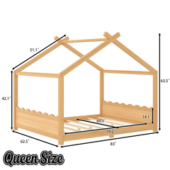 Bellemave® Twin Size House Bed Frame for Kids,Solid Wood Montessori Floor Bed Frame with Support Slats and Roof,Natural - Bellemave