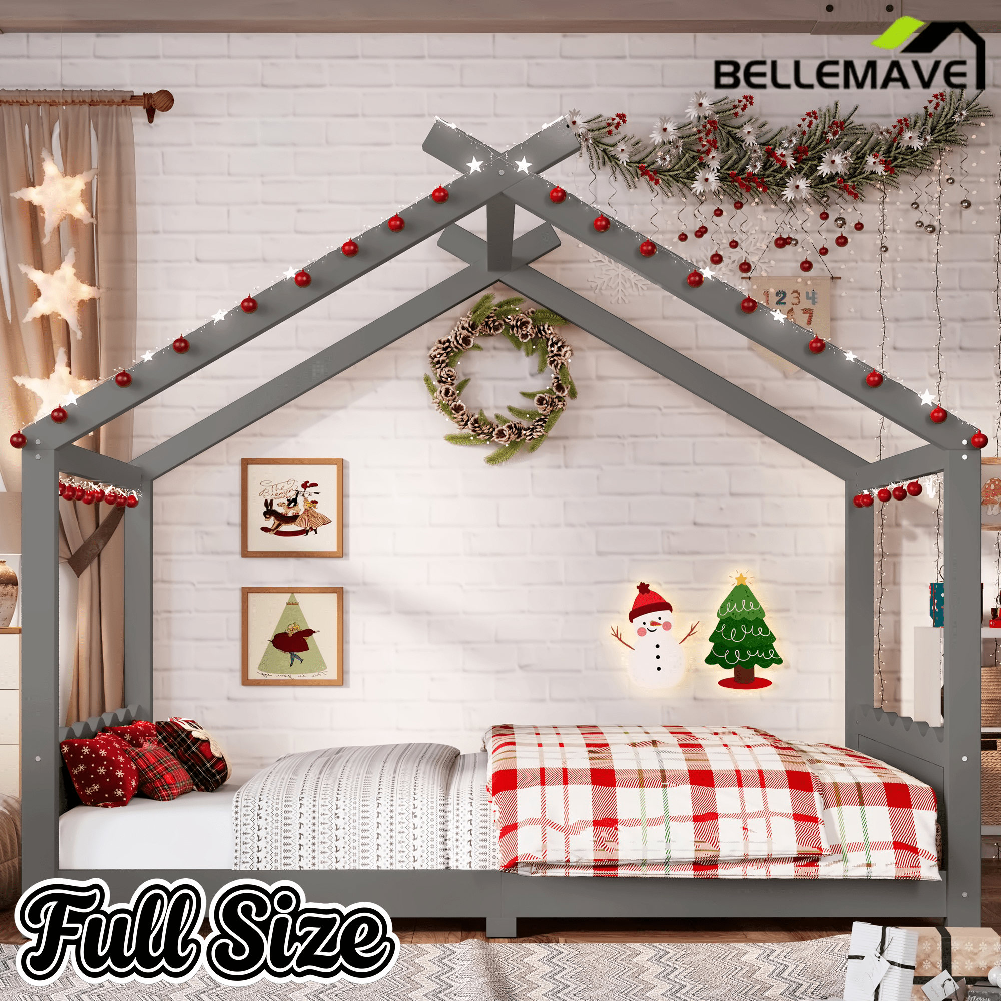 Bellemave® Twin Size House Bed Frame for Kids,Solid Wood Montessori Floor Bed Frame with Support Slats and Roof,Natural - Bellemave