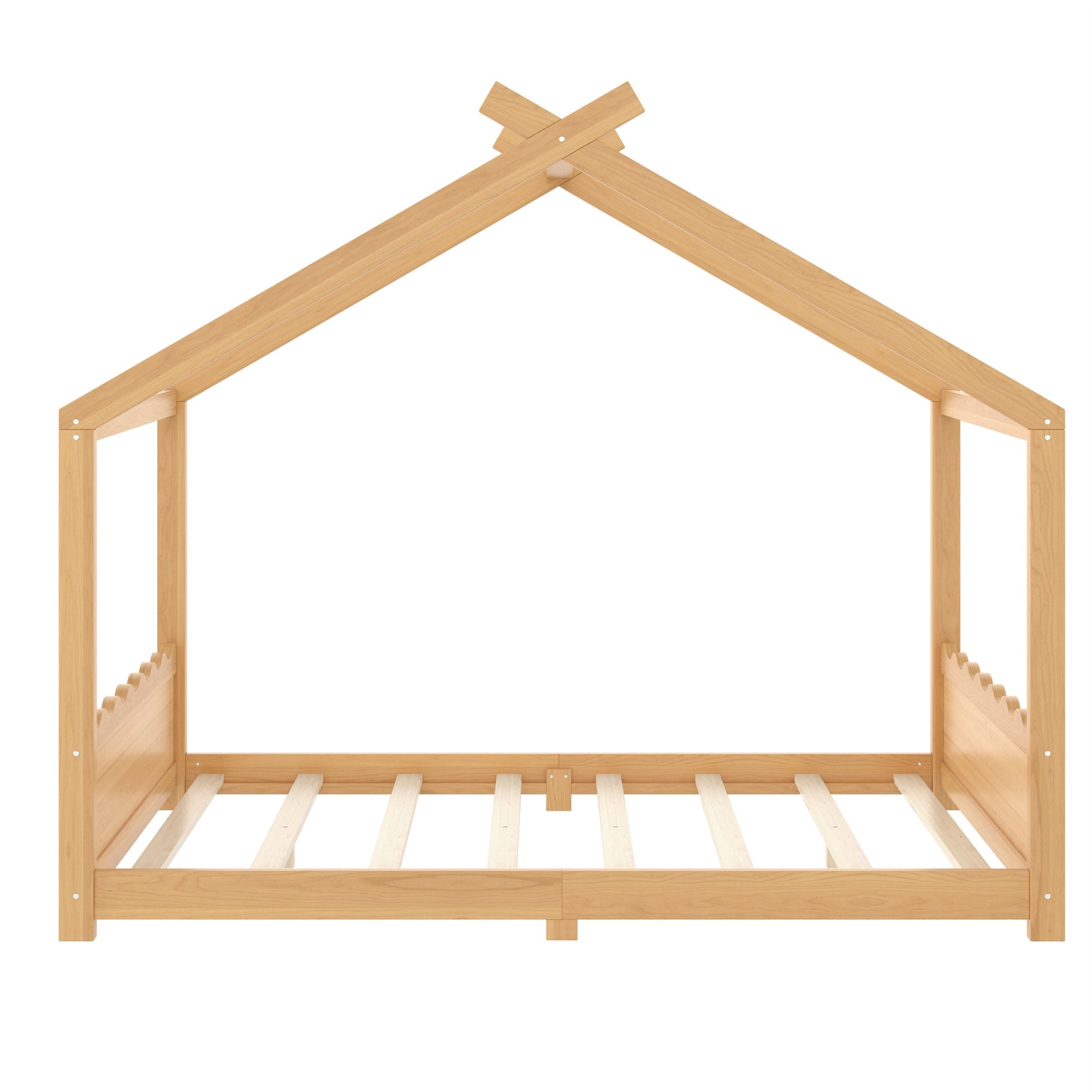 Bellemave® Twin Size House Bed Frame for Kids,Solid Wood Montessori Floor Bed Frame with Support Slats and Roof,Natural - Bellemave