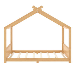 Bellemave® Twin Size House Bed Frame for Kids,Solid Wood Montessori Floor Bed Frame with Support Slats and Roof,Natural - Bellemave