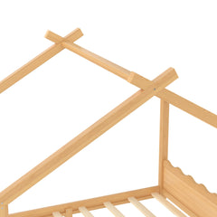 Bellemave® Twin Size House Bed Frame for Kids,Solid Wood Montessori Floor Bed Frame with Support Slats and Roof,Natural - Bellemave