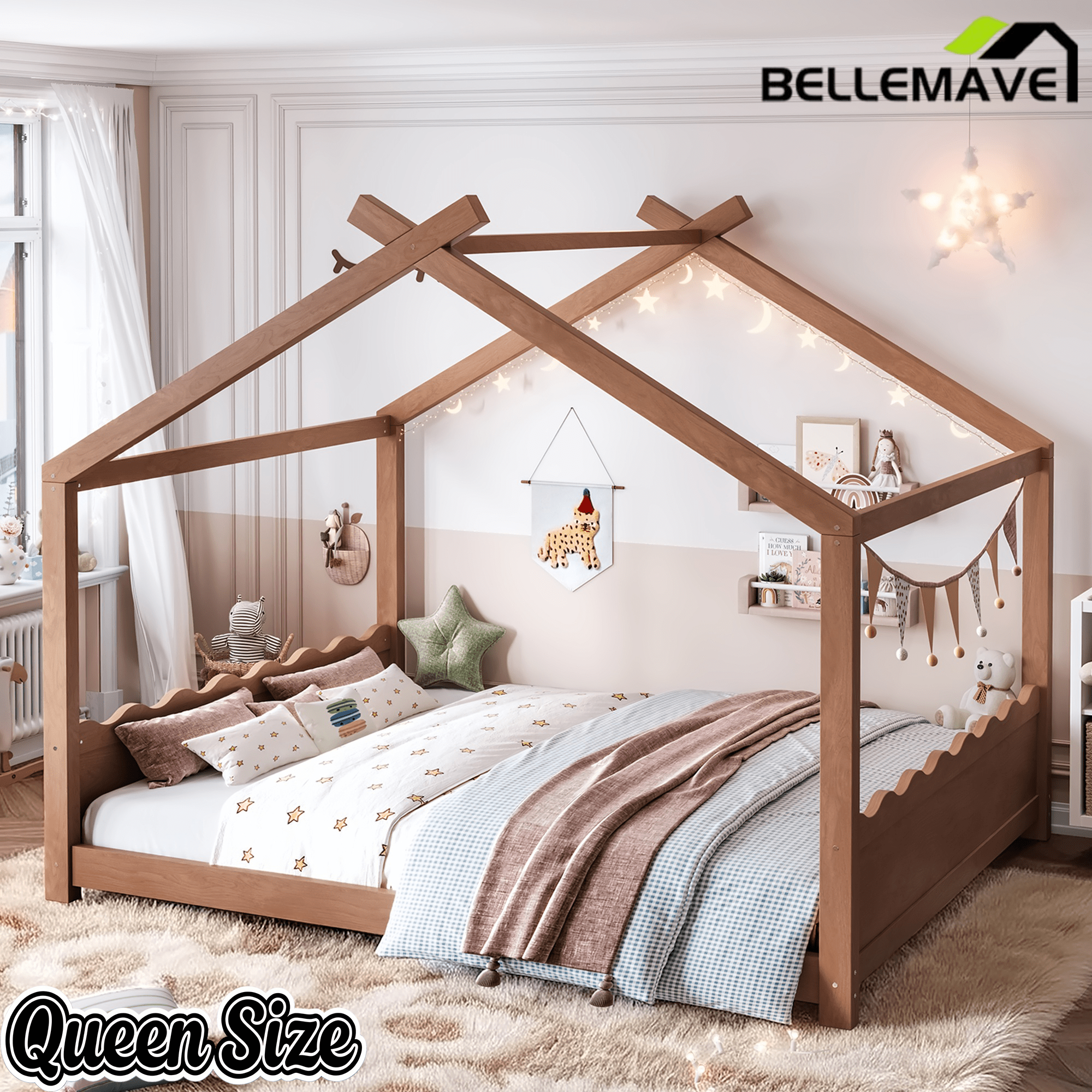 Bellemave® Twin Size House Bed Frame for Kids,Solid Wood Montessori Floor Bed Frame with Support Slats and Roof,Natural - Bellemave
