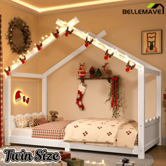 Bellemave® Twin Size House Bed Frame for Kids,Solid Wood Montessori Floor Bed Frame with Support Slats and Roof,Natural - Bellemave