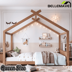 Bellemave® Twin Size House Bed Frame for Kids,Solid Wood Montessori Floor Bed Frame with Support Slats and Roof,Natural - Bellemave