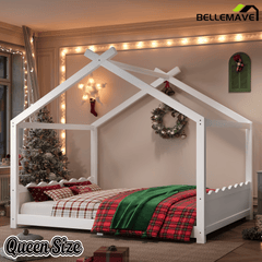 Bellemave® Twin Size House Bed Frame for Kids,Solid Wood Montessori Floor Bed Frame with Support Slats and Roof,Natural - Bellemave