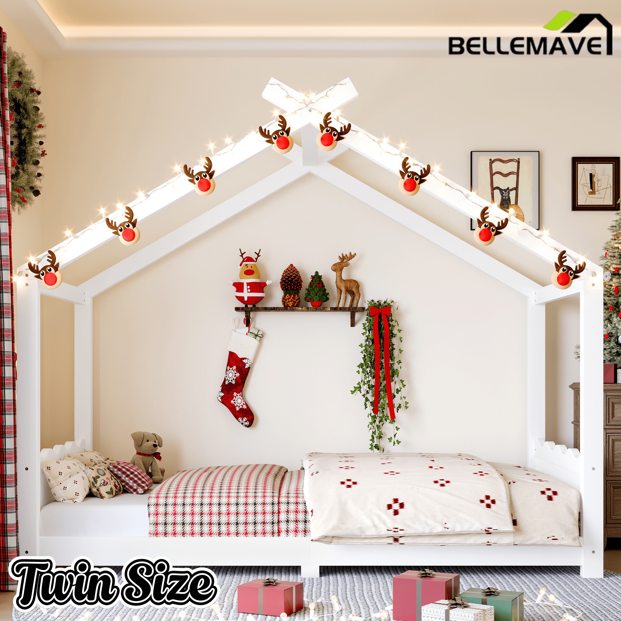 Bellemave® Twin Size House Bed Frame for Kids,Solid Wood Montessori Floor Bed Frame with Support Slats and Roof,Natural - Bellemave