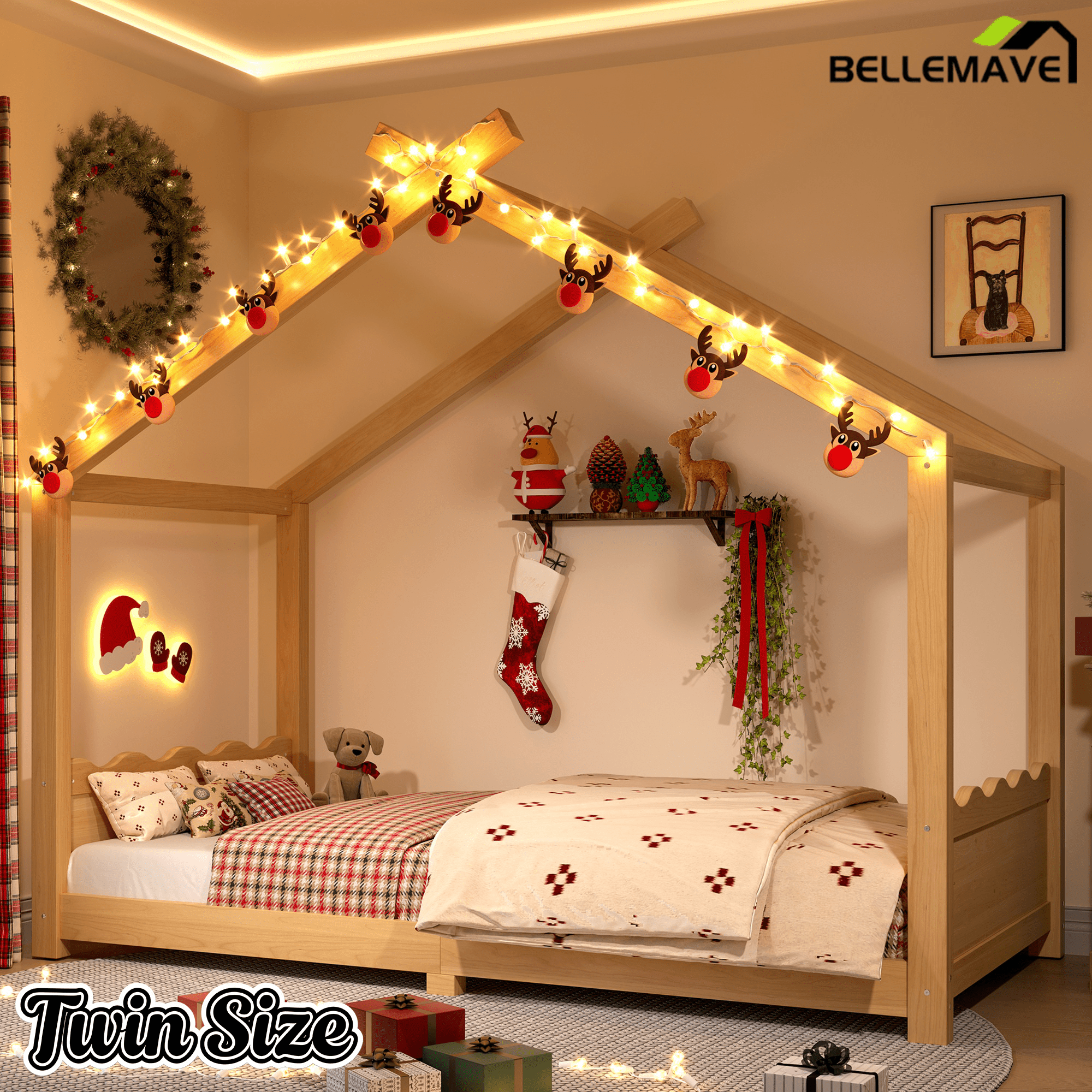 Bellemave® Twin Size House Bed Frame for Kids,Solid Wood Montessori Floor Bed Frame with Support Slats and Roof,Natural - Bellemave
